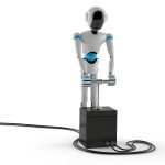 A humanoid robot standing on a control box with cables, representing AI agents in production systems