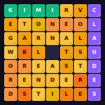 A colourful 7x7 Word Gem Puzzle board with KIMI highlighted in green and CLAUDE in purple